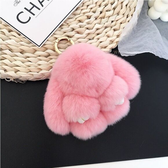 Real Rabbit hair pompom keychain - KC032 Pink - Picture 1 of 4